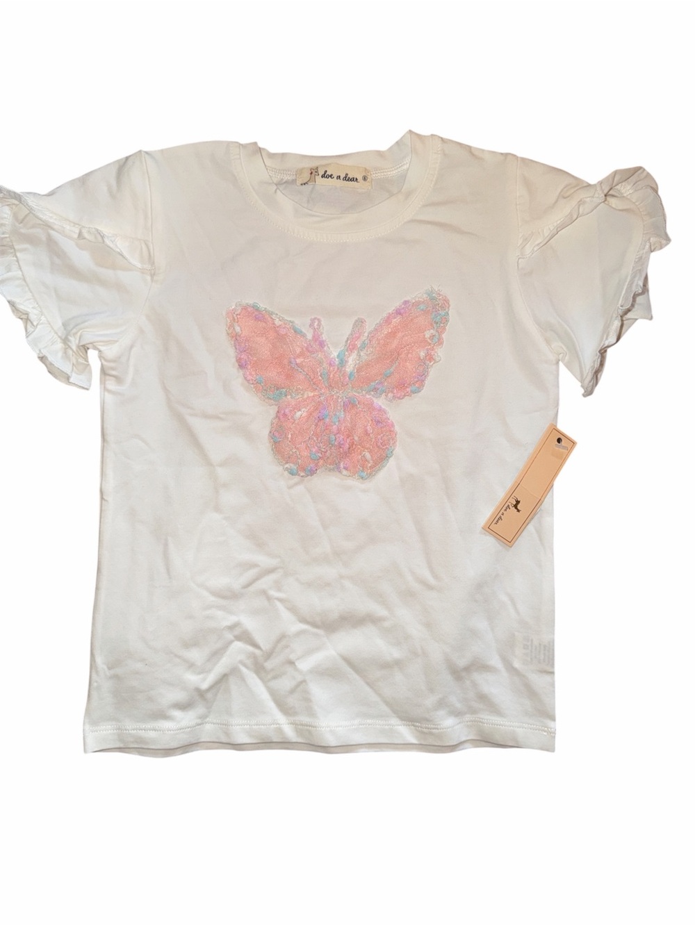 Kids White Short-Sleeve Tee with Pink Sequin Butterfly
